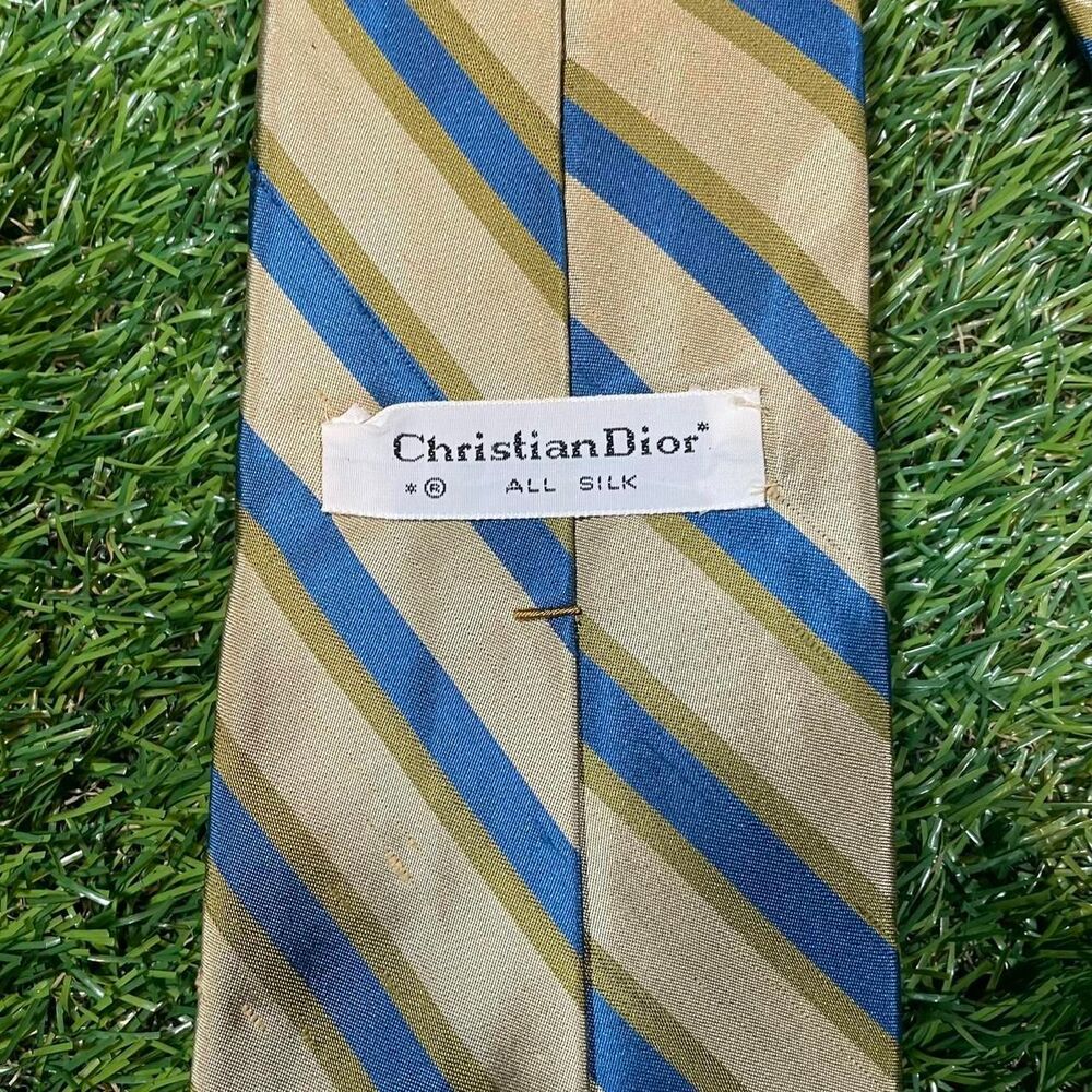 Vintage Christian Dior blue & yellow gold striped silk tie men's multi accessory
